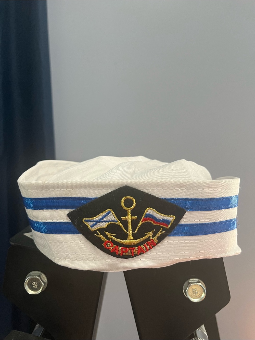 White Sailor Hat with Blue Stripes and Anchor Patch